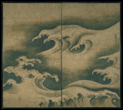 Rough Waves, foldeskærm med to paneler, ca.1704-9 (blæk, farve og bladguld på papir) af Ogata Korin