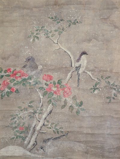 Fugle og kamelia i sne, ca. 1700 (blæk og farver på papir) af Ogawa Haritsu