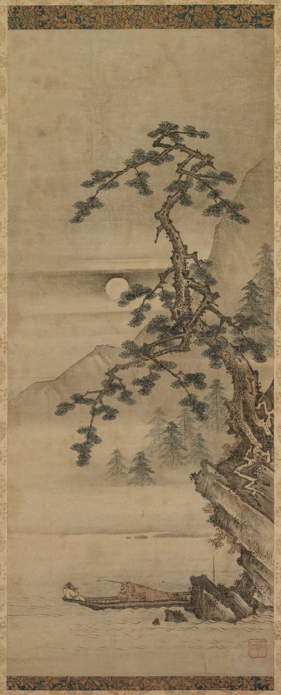 Månebelyst landskab af fyrretræ med gammel mand i båd, Muromachi-perioden, 1392-1573. af Oguri Sotan