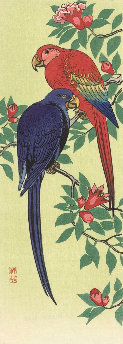 En rød og en blå papegøje, af den japanske kunstner Ohara Koson af Ohara Koson