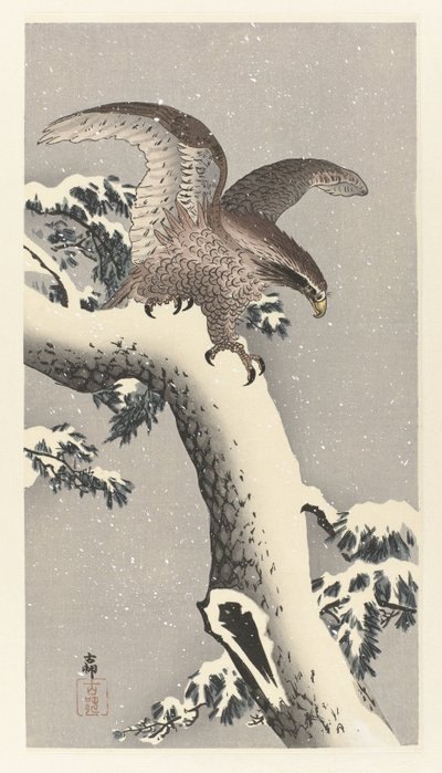 Ørn på snedækket fyrretræ af Ohara Koson
