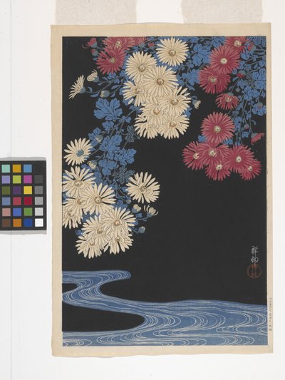 Chrysanthemums And Stream (farvet træbloktryk) af Ohara Koson