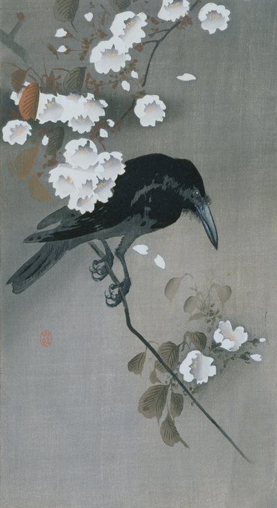 Krage i en kirsebærblomstgren af Ohara Koson
