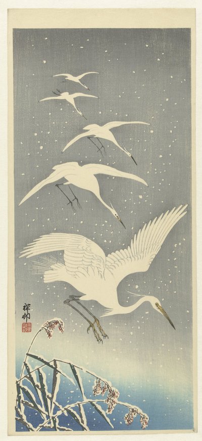 Nedstigende hejrer i sne af Ohara Koson