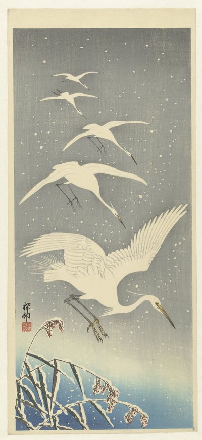 Nedstigende hejrer i sne af Ohara Koson