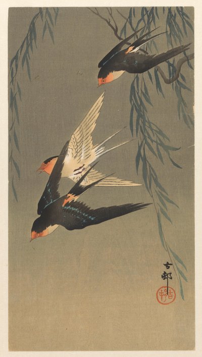 Tre rødbagte svaler i et dyk af Ohara Koson