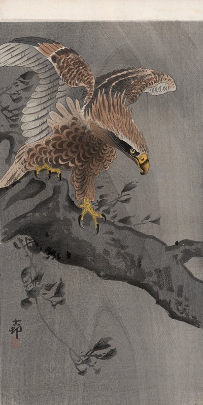 Ørn med spredte vinger på træstamme (farvet træbloktryk) af Ohara Koson
