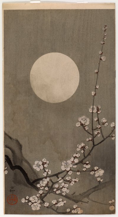 Blomstrende blomme og måne (træbloktryk i farver) af Ohara Koson