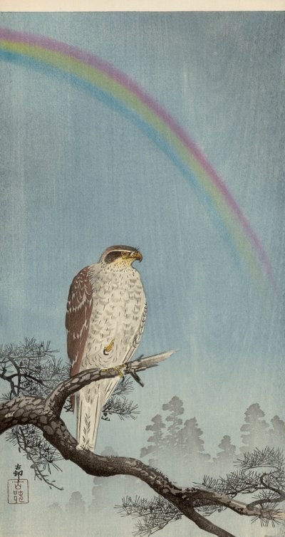 Gåhøg på et fyrretræ med en regnbue over (farvet træbloktryk) af Ohara Koson