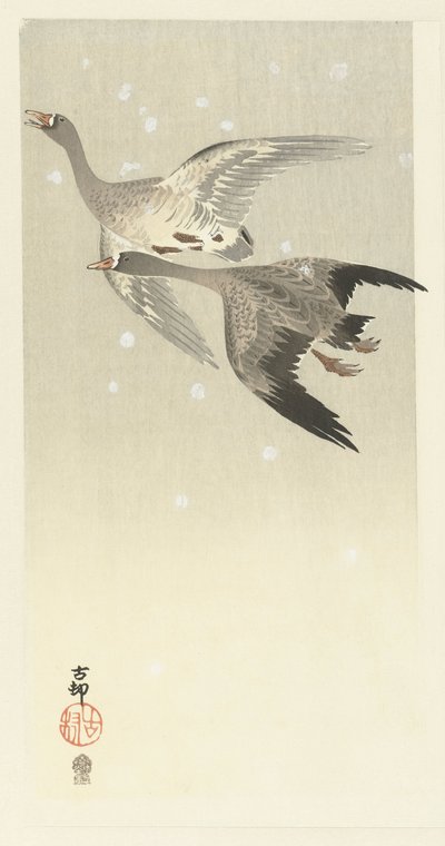 Hvidgæs flyver i sneen af Ohara Koson