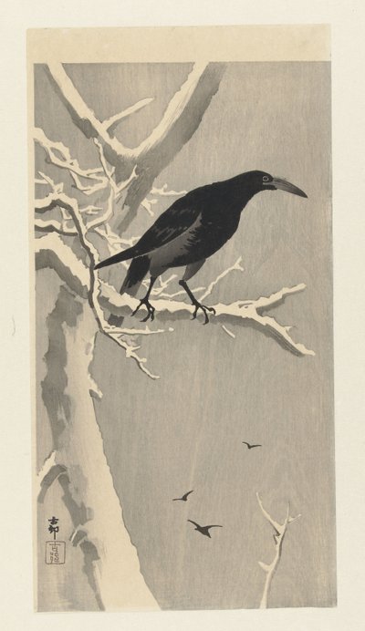 Krage på snedækket trægren. af Ohara Koson