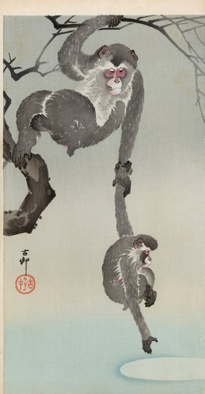 Abe og baby rækker ud efter refleksionen af månen af Ohara Koson
