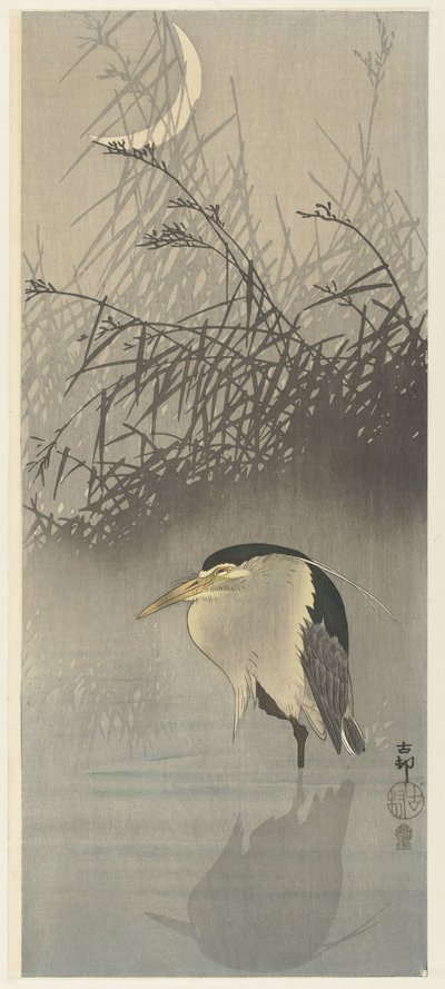 Hejre ved nymåne af Ohara Koson