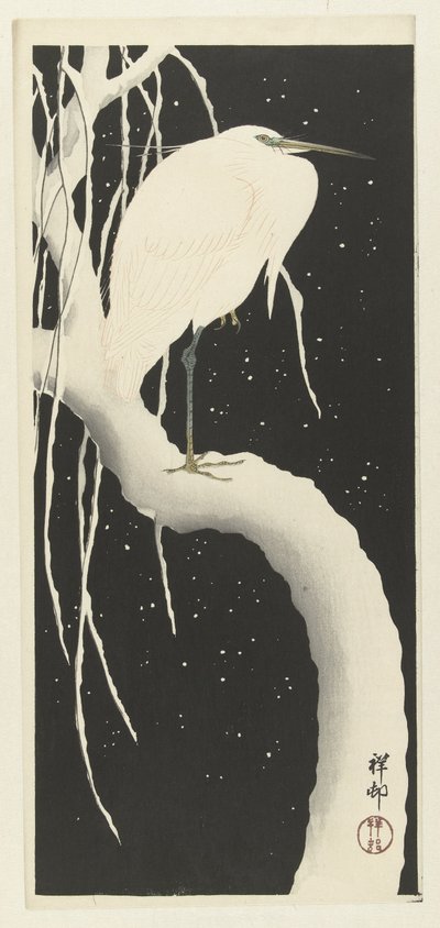 Hejre i sne af Ohara Koson