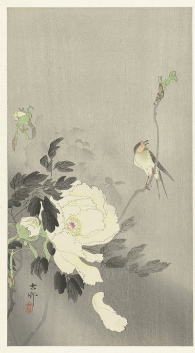 Swallow med Peony af Ohara Koson
