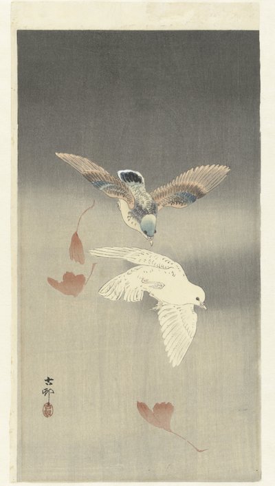 To duer med faldende ginkgoblade af Ohara Koson