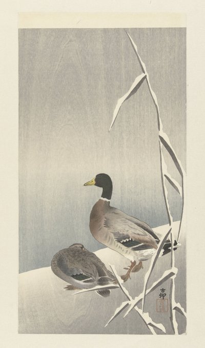 To ænder på snedækket siv over af Ohara Koson