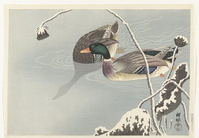 To gråænder nær en snedækket lotus af Ohara Koson