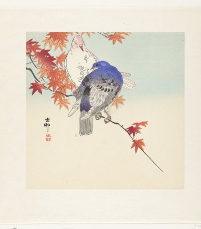 To duer på en gren med efterårsblade af Ohara Koson