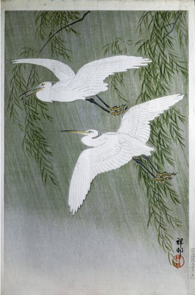 To hejrer flyver frit, 1907 (farvetræsnit) af Ohara Koson