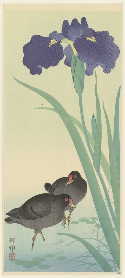 Morhøns og iris. af Ohara Koson