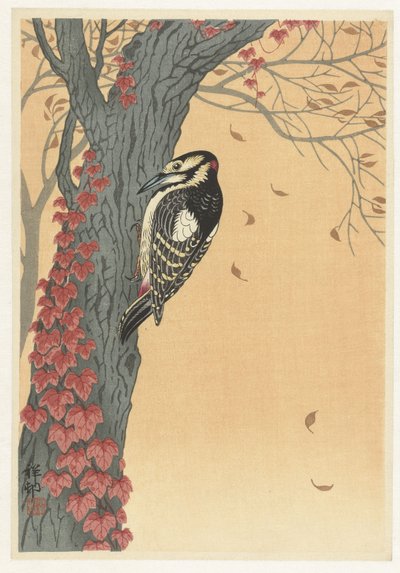 Spætte i et træ med rød efeu af Ohara Koson