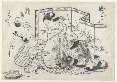 Japansk mand og kvinde ryger foran en foldeskærm af Okumura Masanobu (attributed to)