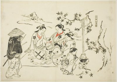 Heating Sake with Maple Leaves (Kanzake momijigari), nr. 9 fra en serie på 12 tryk, der viser parodier på skuespil af Okumura Masanobu