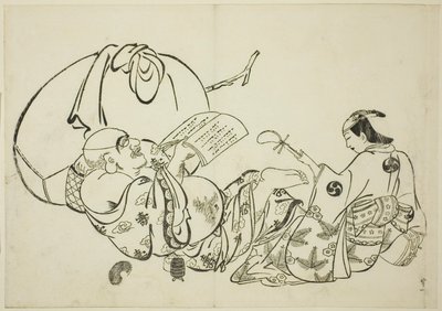 Hotei læser en bog, nr. 11 fra en serie på 12 tryk af Okumura Masanobu