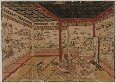 Lady Murasaki ved Ishiyama med udsigt over et panorama med otte udsigter over Biwa-søen af Okumura Masanobu