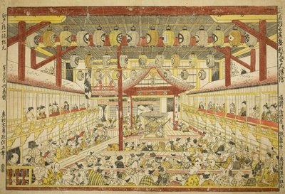 Stort perspektivbillede af Kaomise-forestillingen på Kabuki-scenen af Okumura Masanobu