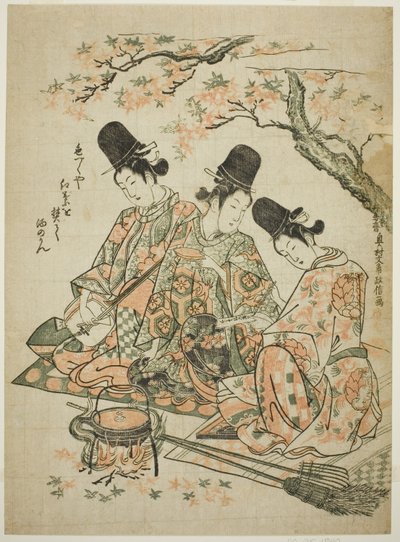 Parodi på paladsbetjente, der brænder ahornblade for at varme skyld fra "The Tale of Heike" af Okumura Masanobu