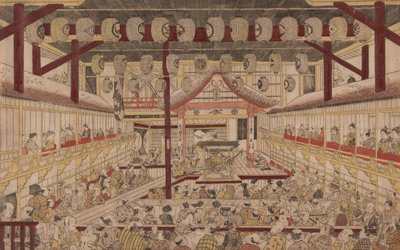 Perspektiv udsigt over det indre af Nakamura-teatret med Ichikawa Ebizo II som Yanone Goro, 1740 af Okumura Masanobu
