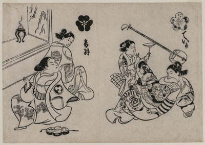 Tre kurtisaner med en klient af Okumura Masanobu