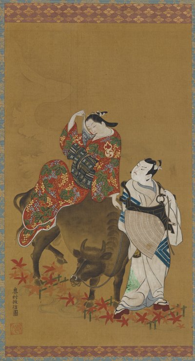 To kabuki-skuespillere i rollerne som en kurtisane på en vandbøffel og en rejsende præst, 1686-1764. af Okumura Masanobu