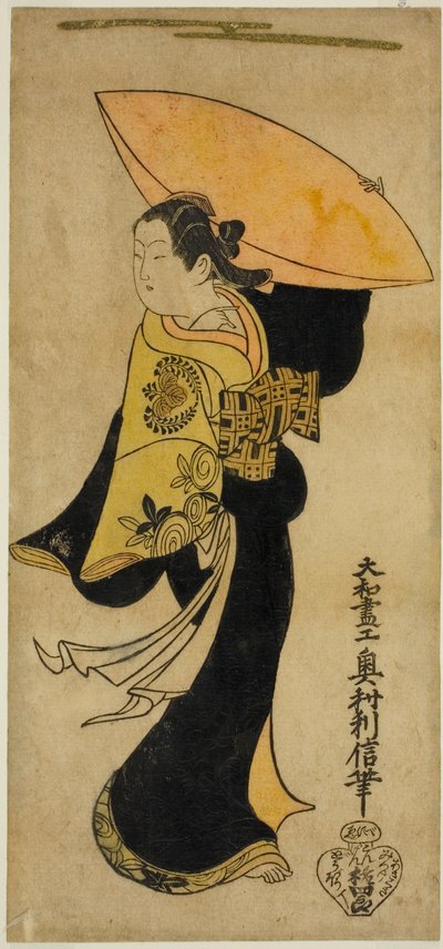 Skuespilleren Fujimura Handayu II som Nowake no Mae i stykket "Tategami Teika Kazura," optrådte på Ichimura Theatre i den ellevte måned, 1719 af Okumura Toshinobu