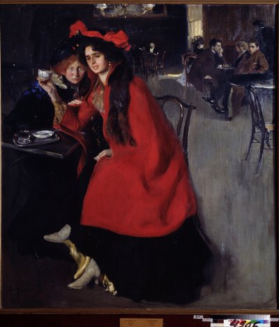 På en cafe (på en café). Scene på en cafe sandsynligvis i Paris. Maleri af Alexander Alexandrovich Murashko (Alexander Murashko) (1875-1919), olie på lærred af Oleksandr Murashko