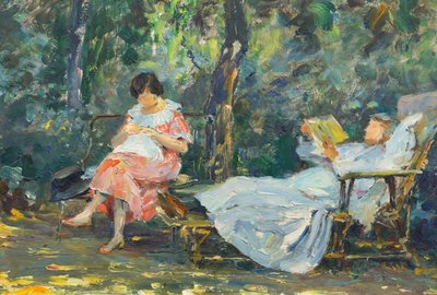 Læsning og strikning i haven (olie på panel) af Olga (1881-1941) Slomszynska