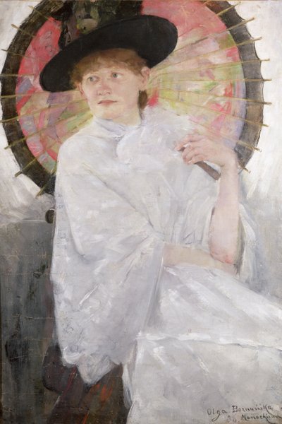 Portræt af en dame med en japansk parasol olie på lærred af Olga Boznanska