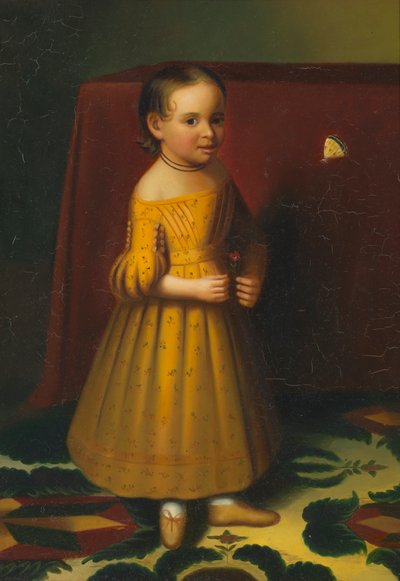Portræt af en ung pige med rose og sommerfugl, ca. 1838. af Oliver Tarbell Eddy