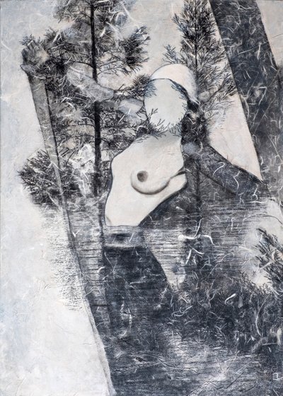 Maschera bianca, 2024 (blandede medier på lærred) af Olivia Gozzano