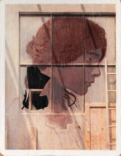 Ritratto su muro, 2021 (blandede medier på træ) af Olivia Gozzano