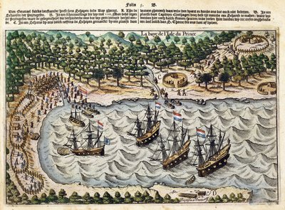 Udsigt over hollandsk skib i havnen, ca. 1598-1602 af Olivier van Noort