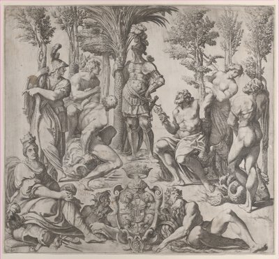 Allegorisk komposition med seks olympiske guder samlet omkring en skikkelse i rustning, 1615-35., 1615-35. af Oliviero Gatti