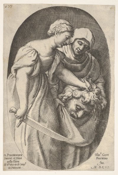 Judith med hovedet af Holofernes i venstre hånd og et sværd i højre hånd, akkompagnement..., 1606. af Oliviero Gatti