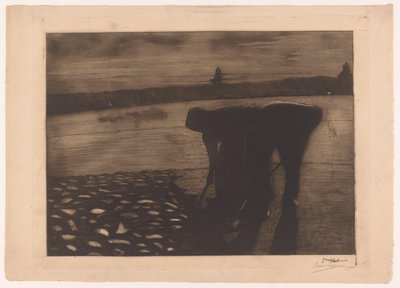 Mand og kvinde arbejder om natten på bundet af en flod af Omer Coppens (signed by artist)