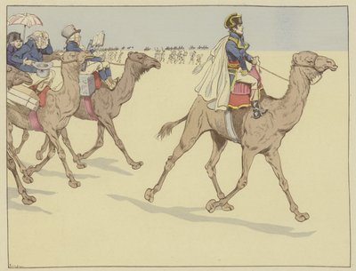Ankommet til faraoernes land gik Napoleon overalt efterfulgt af en kommission af lærde og kunstnere, som aldrig havde redet på ryggen af en kamel, 1. juli 1798 af Onfray de Breville Job