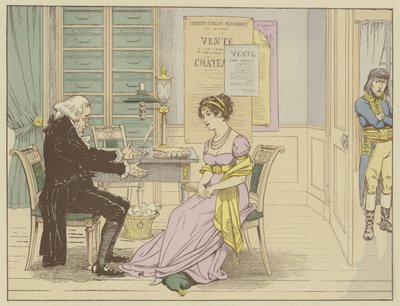 Mester Raguideau, notar for enken Beauharnais siger til hende, uvidende om, at han bliver overhørt: Du! Gift dig med denne lille Bonaparte, en soldat, der ikke har andet end en kappe og sværd., 9. marts 1796 (farve oplyst af Onfray de Breville Job