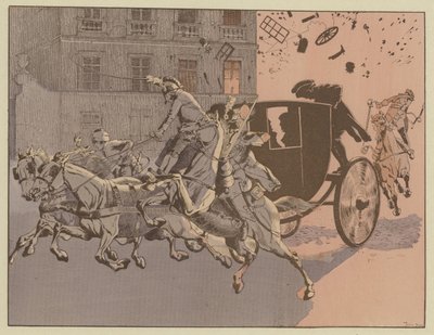 Napoleon har en mirakuløs flugt fra eksplosionen af en bombe, maskininfernalen, på Rue Saint-Nicaise, Paris, 24. december 1800 af Onfray de Breville Job