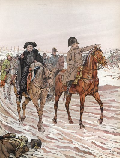 Napoleon, ridende sammen med Abbe Henriot, 1814 af Onfray de Breville Job